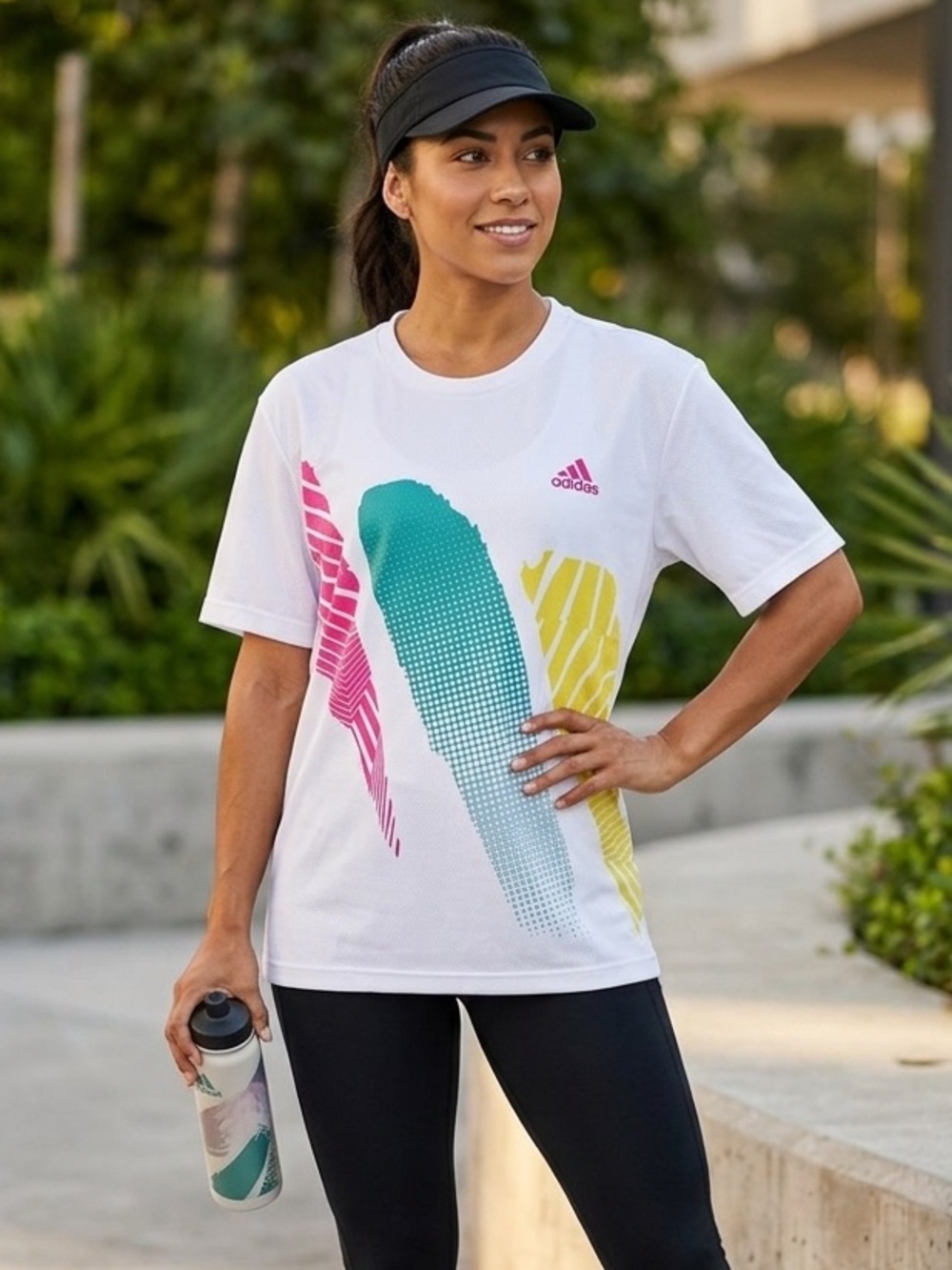 adidas White Tee with Teal, Pink & Yellow Graphic Stripes